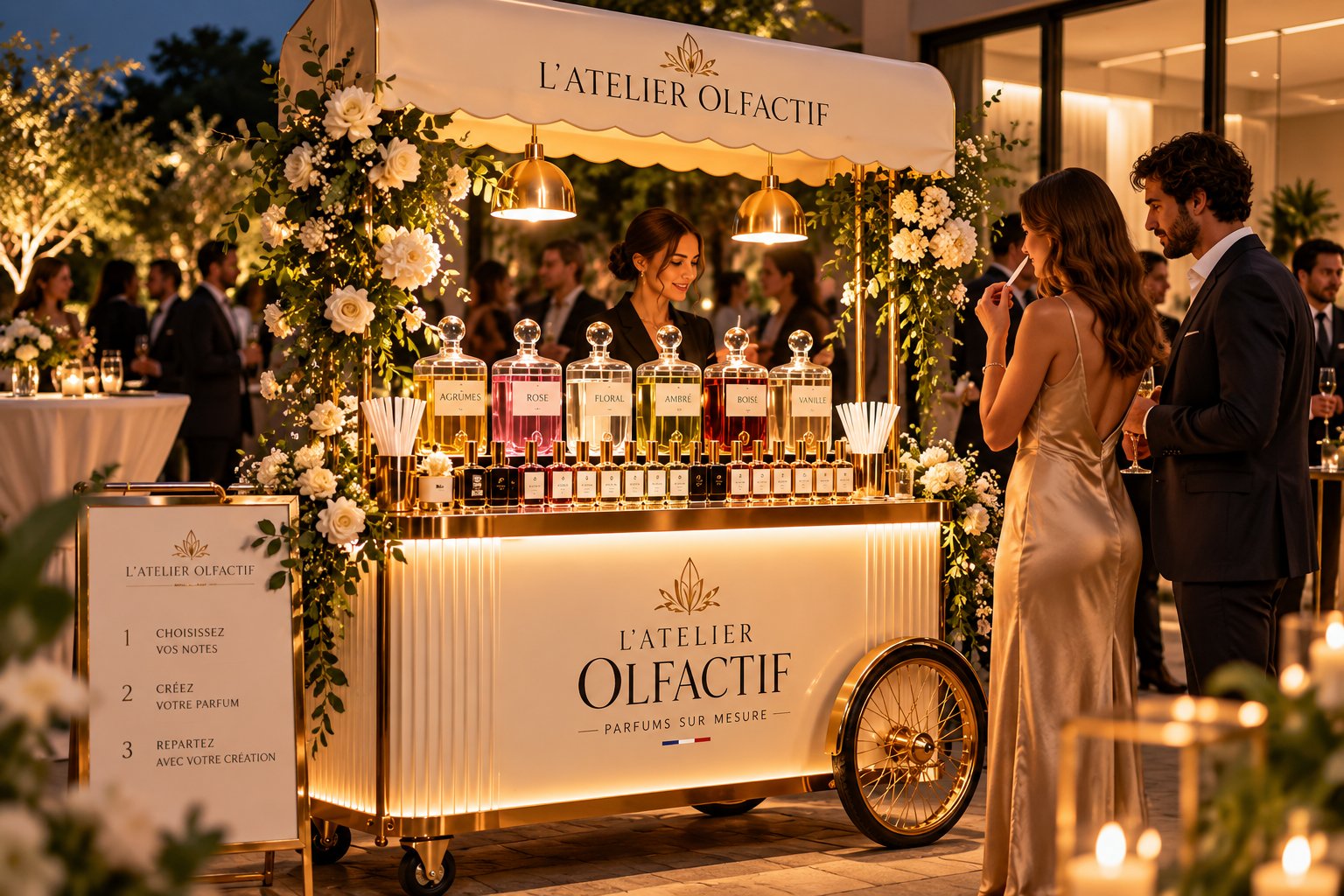 Illustration d’un bar à parfum fleuri lors d’une réception, avec flacons et essences sur un chariot éclairé