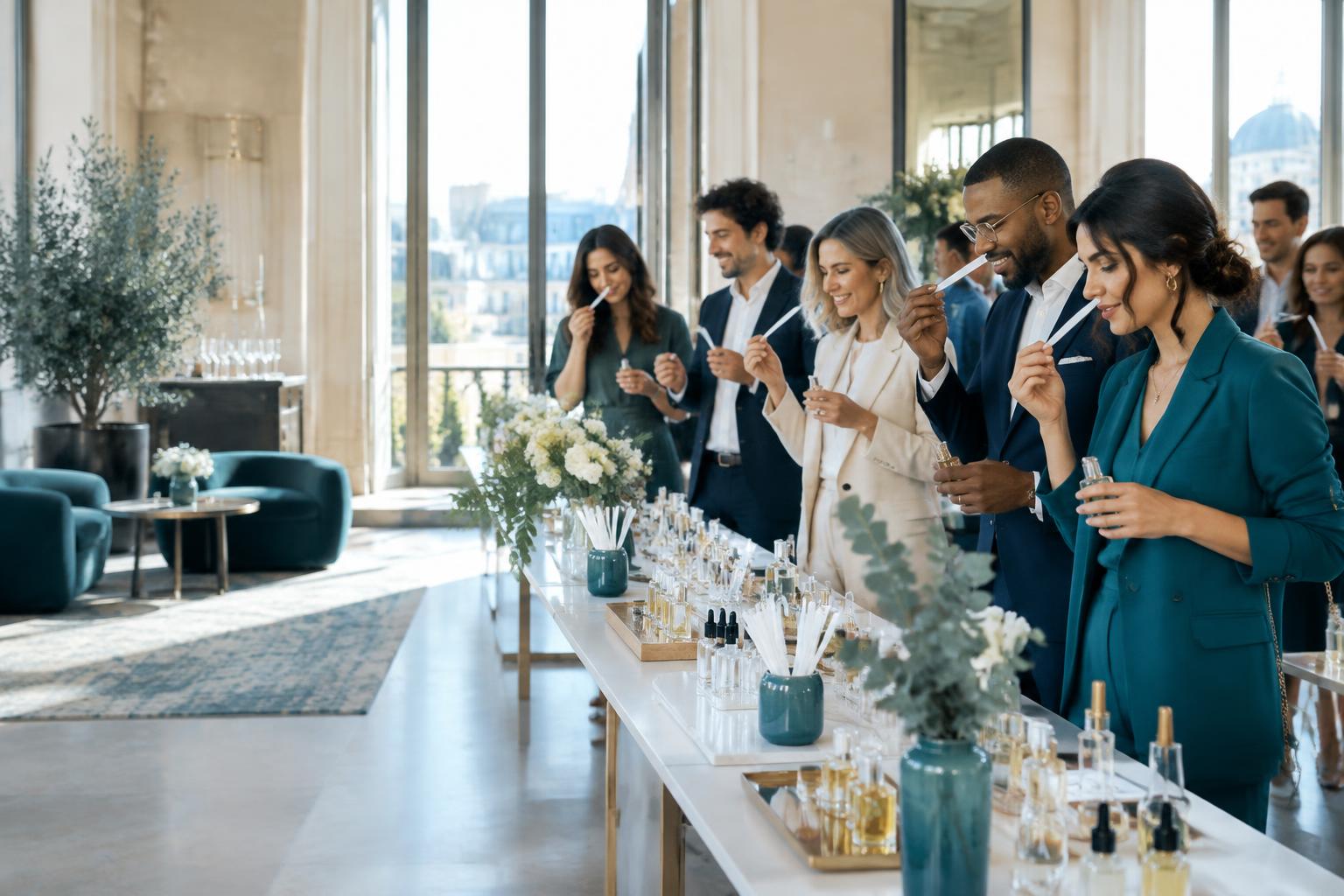 Professionnels découvrant des fragrances lors d’un atelier parfum en entreprise