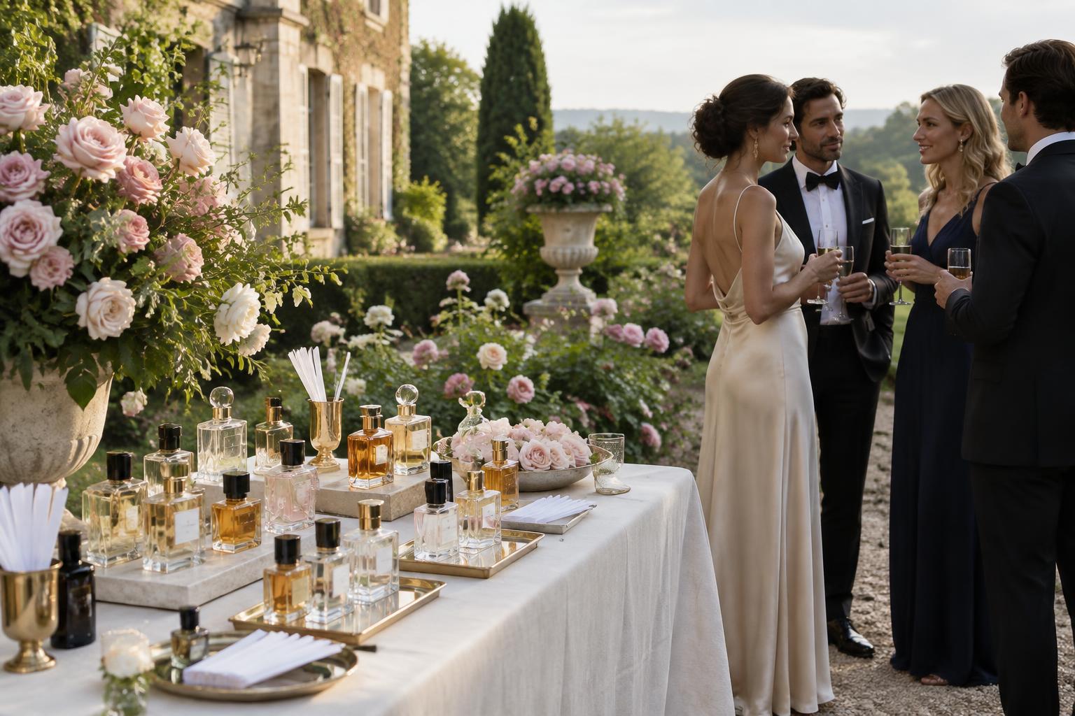 Bar à parfum fleuri installé pour une réception privée dans un jardin